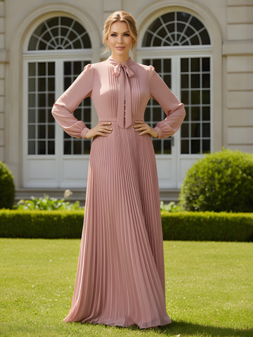 Elegante vestido largo de chifón plisado rosa empolvado - Lazo en el cuello y mangas farol, vestido de noche formal