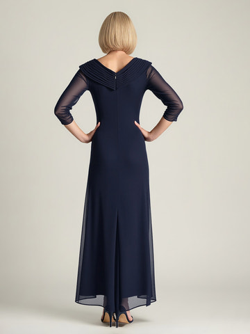 Elegant Navy Blue Ruched Chiffon Mother of the Bride Dress - 3/4 Sleeve V-Neck Formal Gown with Beaded Detailing