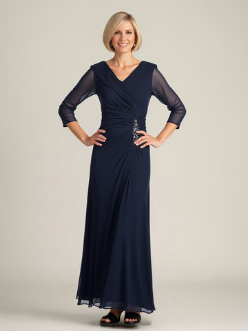 Elegant Navy Blue Ruched Chiffon Mother of the Bride Dress - 3/4 Sleeve V-Neck Formal Gown with Beaded Detailing