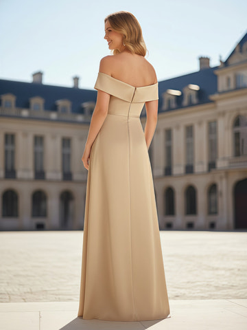 Elegant Champagne Satin Off-the-Shoulder Maxi Dress - Side Split & Ruched Waist, Formal Evening Gown