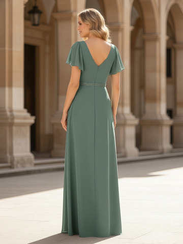 Elegant Eucalyptus Chiffon Bridesmaid Dress - Flutter Sleeve V-Neck Split Maxi Gown with Beaded Waist
