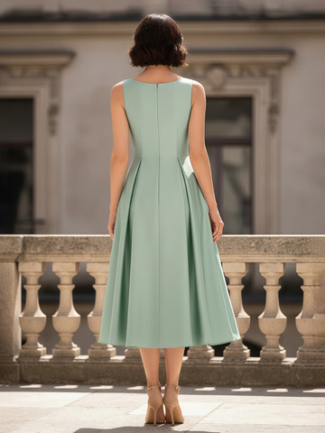 Elegant Sage Green Sleeveless Midi Dress - Vintage Boat Neck & Pleated A-line Skirt, Formal Cocktail Gown