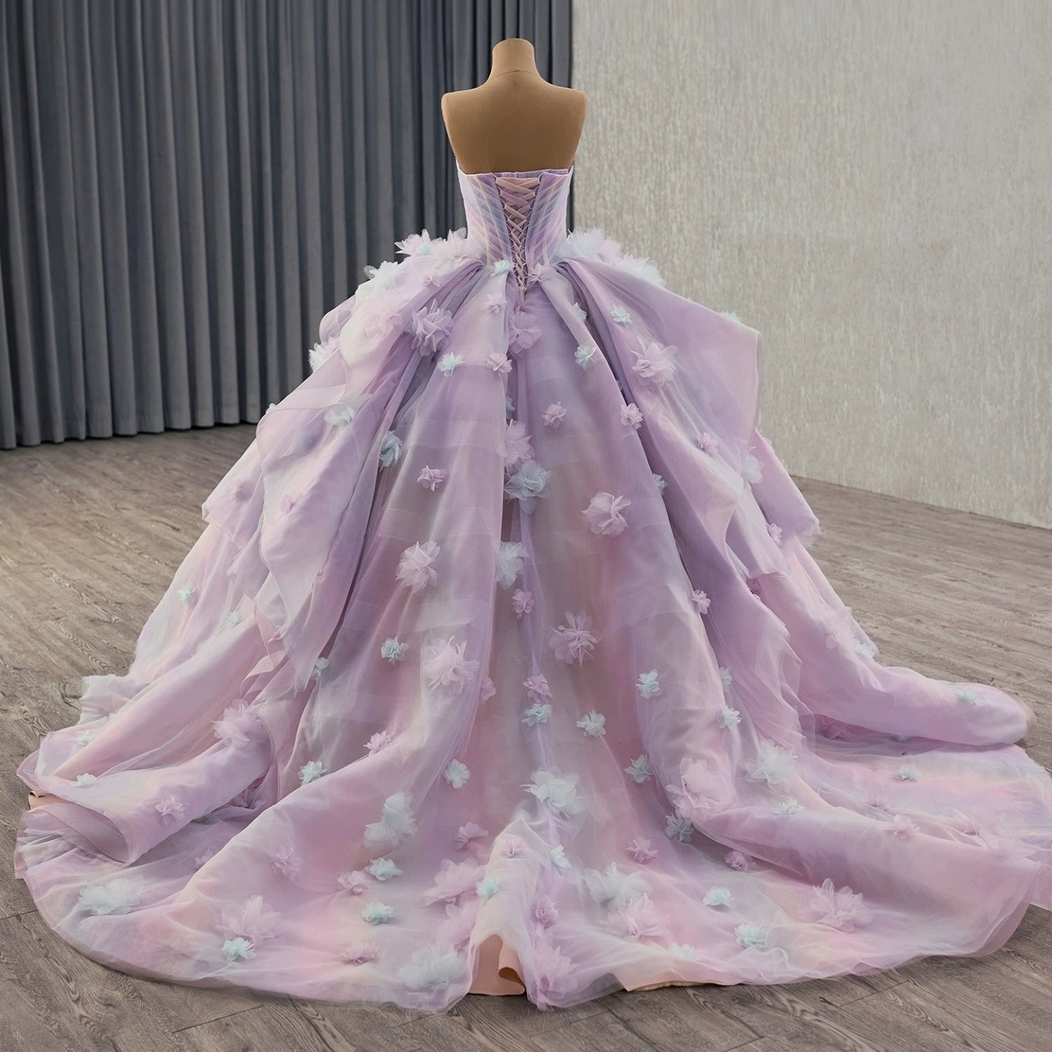 Vedress pink lavender gradient quinceanera ball gown corset back sweep train strapless handmade 3D flowers back view