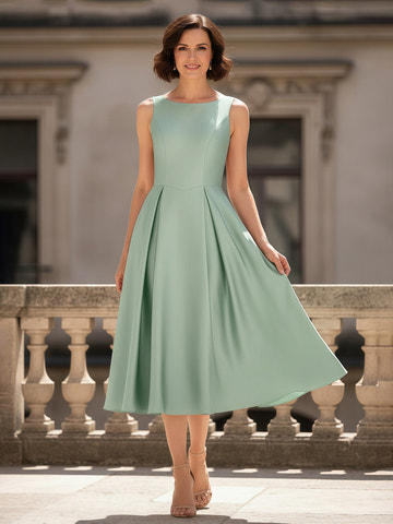Elegant Sage Green Sleeveless Midi Dress - Vintage Boat Neck & Pleated A-line Skirt, Formal Cocktail Gown