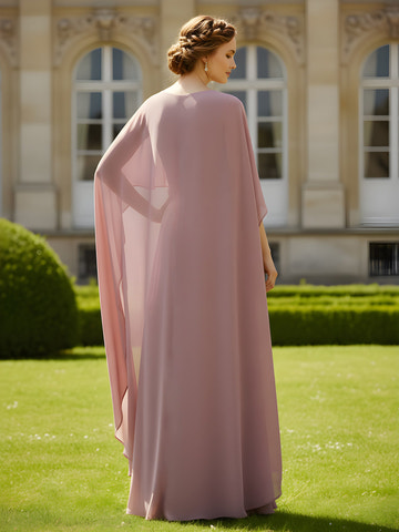 Elegant Dusty Rose Chiffon Mother of the Bride Gown - Cape Sleeve & Asymmetrical Ruffle Layer Formal Dress