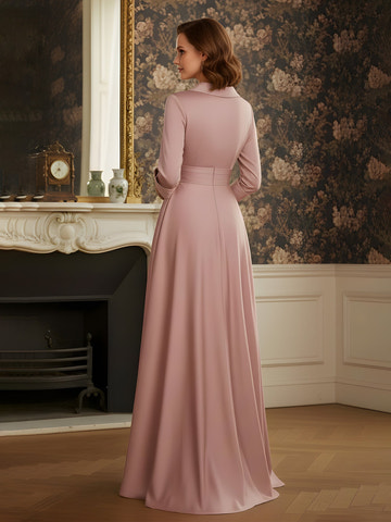 Elegant Dusty Rose Satin Formal Gown - 3/4 Sleeve V-Neck Side Split Evening Dress with Embroidery Details