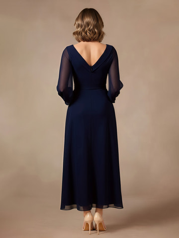 Elegant Navy Blue Chiffon Mother of the Bride Dress - 3/4 Lantern Sleeve V-Neck Formal Evening Gown