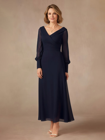 Elegant Navy Blue Chiffon Mother of the Bride Dress - 3/4 Lantern Sleeve V-Neck Formal Evening Gown