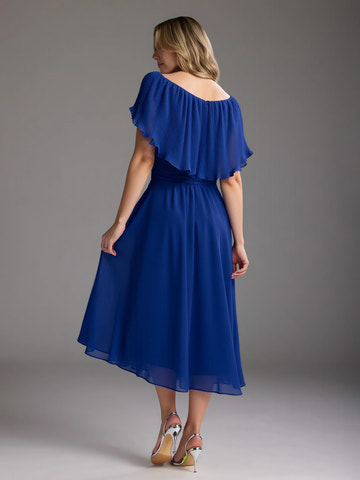 Elegant Royal Blue Chiffon Midi Dress - Off-the-Shoulder Ruffle & Pleated Detail, Formal Evening Gown
