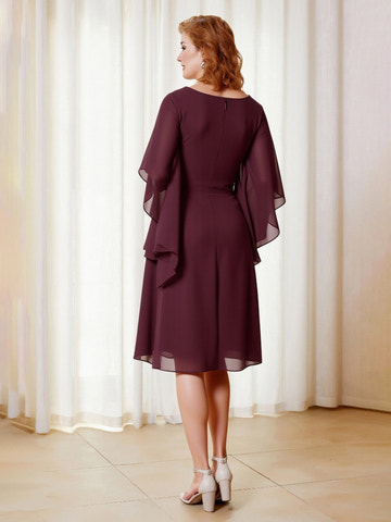 Elegant Cabernet Chiffon Mother of the Bride Dress - Flutter Sleeve V-Neck Beaded Waist Formal Midi Gown