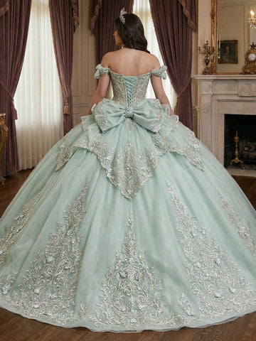 Vedress sage green glitter tulle quinceanera gown off shoulder lace-up corset back large embroidered bow layered ruffle skirt full ball gown back view