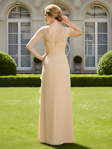 Elegant Champagne Lace Applique Chiffon Mother of the Bride Dress - V-Neck Ruched Bodice Formal Gown