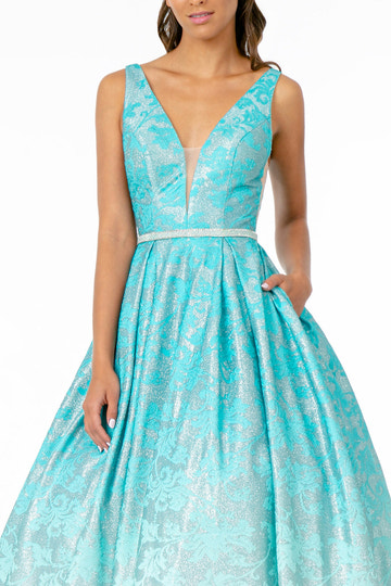Luxury Turquoise Ombre Jacquard A-Line Gown Plunging V-Neck Beaded Waist Belt Pockets Formal Evening & Wedding Reception Dress