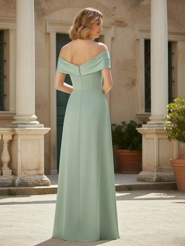 Elegante Vestido de Dama de Honor de Satén Verde Menta con Hombros Descubiertos - Vestido de Noche Formal con Nudo Delantero para la Madre de la Novia