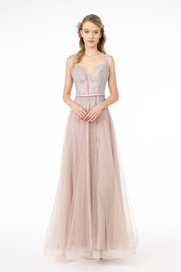 Vestido de noche de tul en línea A rosa ruborizado con pedrería, tirantes finos, escote en V pronunciado, cinturón con pedrería, para fiesta de graduación y como invitada de boda