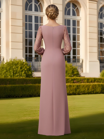 Elegant Dusty Rose Lace Sleeve Mother of the Bride Dress - Long Sleeve Sheath Formal Evening Gown with Ruched Waist