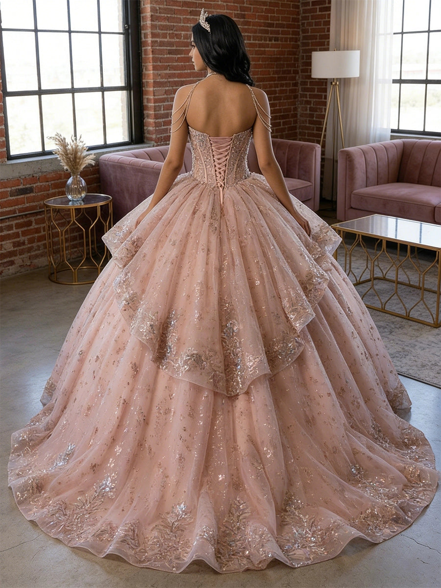 Vedress blush pink quinceanera dress halter chain strap lace-up corset back layered ruffle sequin appliqué court train ballgown back view