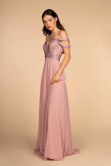 Off shoulder A-line prom gown with beaded embellished bodice, sleeveless design, flowing chiffon skirt, and floor-length formal style by VEDRESS