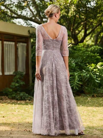 Elegant Dusty Lilac Lace Mother of the Bride Dress - 3/4 Sleeve A-Line Formal Evening Gown