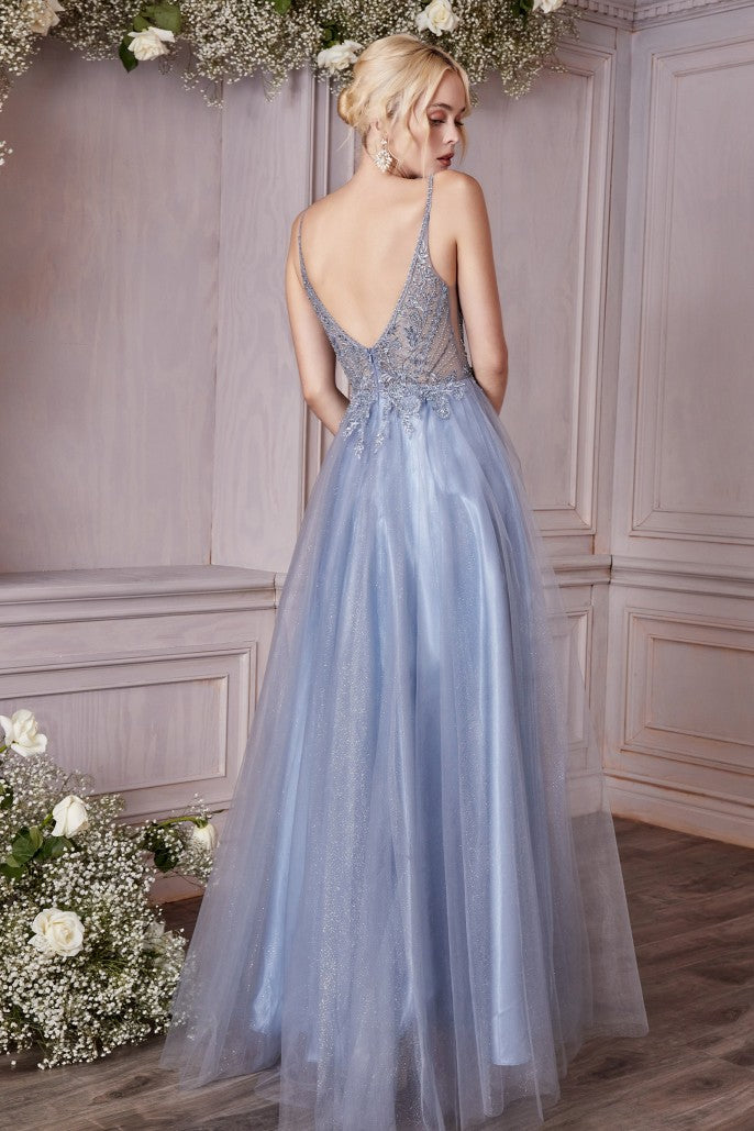Back view of A-line tulle evening gown with deep V open back, beaded embroidery, sleeveless straps, and flowing floor-length skirt by VEDRESS
