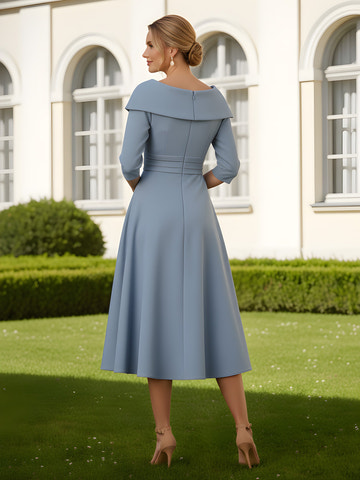 Elegant Dusty Blue 3/4 Sleeve A-Line Midi Dress - Formal Cocktail Party Wear for Women