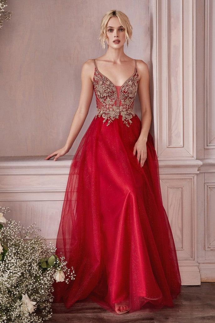 A-line plunge neck prom gown with sleeveless straps, beaded embroidered bodice, layered tulle skirt, and floor-length formal design by VEDRESS