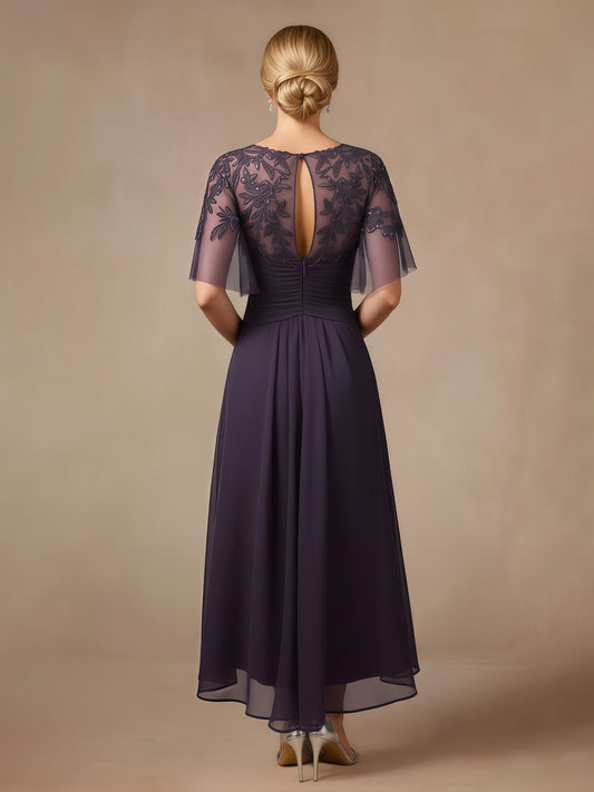 Elegant Dark Plum Chiffon Mother of the Bride Dress - Lace Applique Flutter Sleeve High-Low Gown