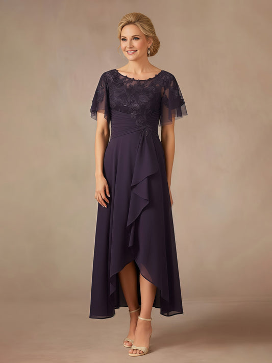 Elegant Dark Plum Chiffon Mother of the Bride Dress - Lace Applique Flutter Sleeve High-Low Gown
