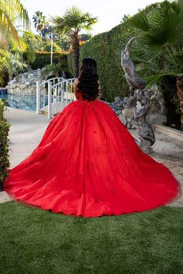 Back view of red Quinceañera ball gown with glitter tulle skirt, floral appliqués and sweeping train