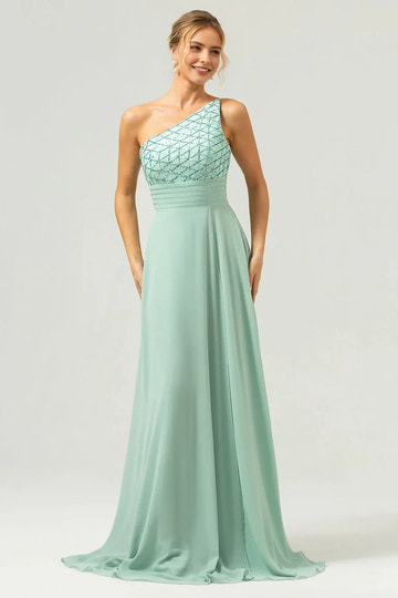 One-shoulder chiffon A-line formal gown with beaded bodice and pleated waist