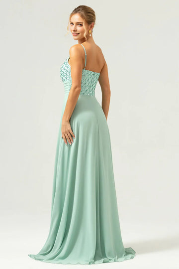 Radiant A-Line One-Shoulder Sleeveless Chiffon Beaded Bodice Pleated Waist Formal Evening Dress