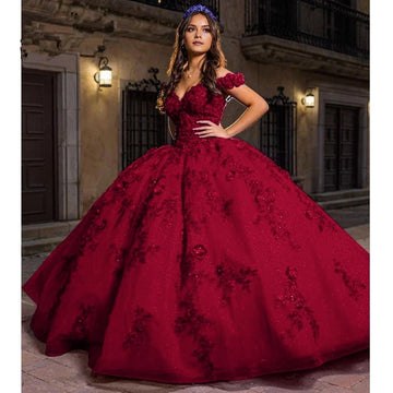 Ballgown Off-shoulder V-neck Short Sleeve Lace-up Back Floor Length Quinceañera Dress