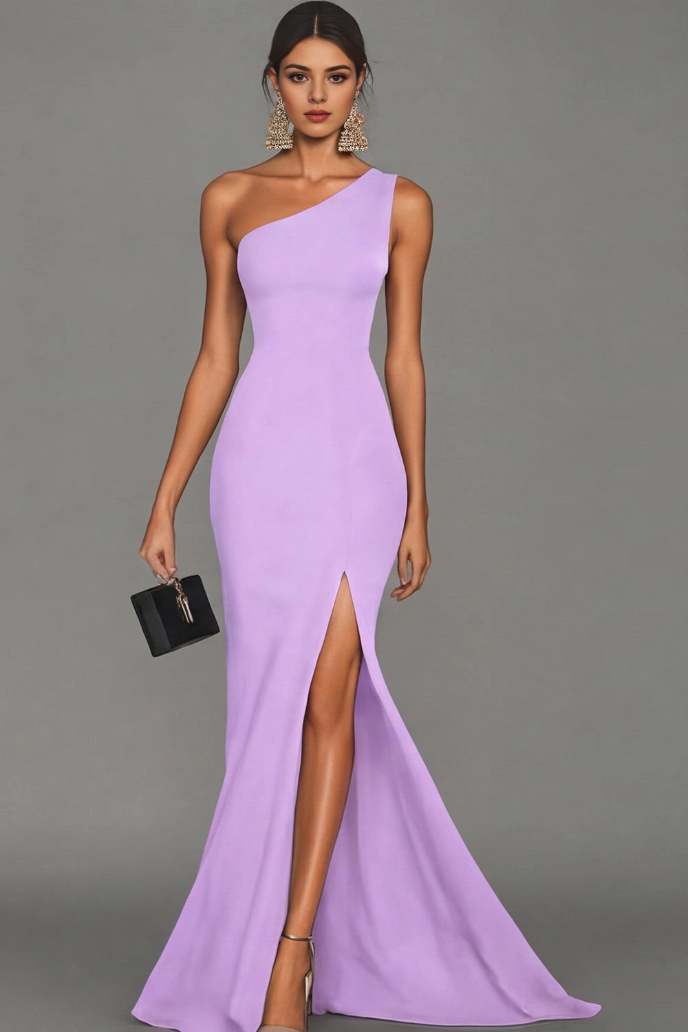 RoselleDress lavender one shoulder long prom dress high slit mermaid satin evening gown