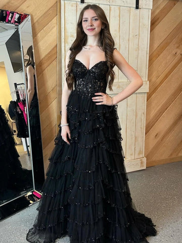 Elegant A-Line Sweetheart Off-Shoulder Embellished Tiered High-Low Prom Dress