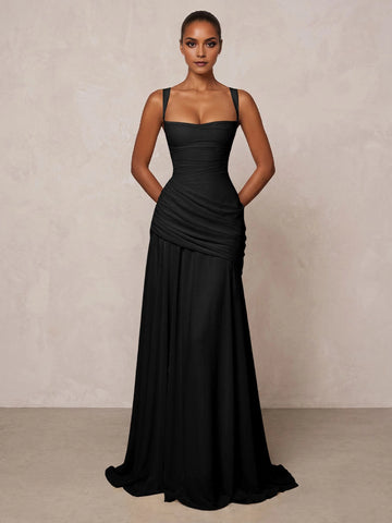 Graceful A‑Line Square‑Neck Sleeveless Crisscross‑Back Floor‑Length Bridesmaid Prom Dress