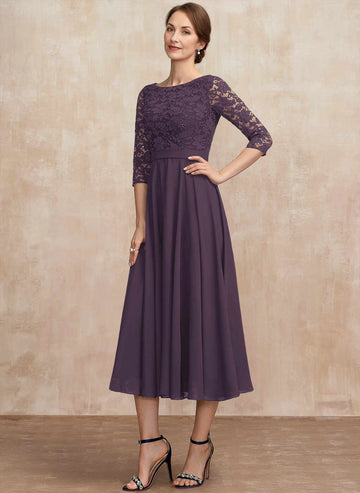 Modest A‑Line Bateau‑Neck Elbow‑Sleeve Zip‑Back Midi Mother Of The Bride Dress