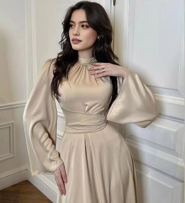 Refined A-Line High-Neck Long-Sleeve Closed-Back Floor-Length Mother of the Bride Dress