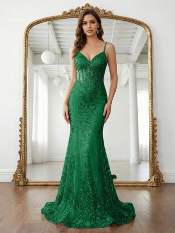 Elegant Mermaid V-Neck Sleeveless Floor-Length Sequin Corset Tulle Prom Dress