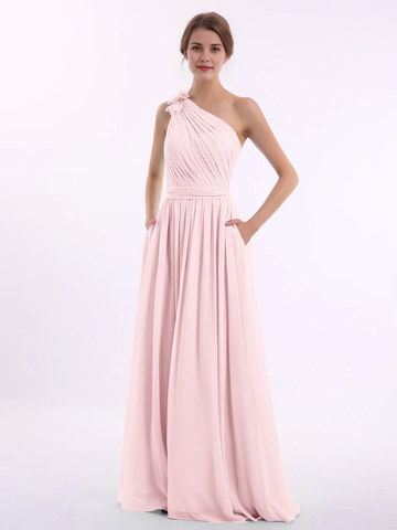 One Shoulder 3D Flower Ruched Chiffon Bridesmaid Maxi Dress with Pockets & Open Back Sash