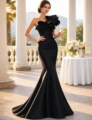 Satin Mermaid One Shoulder Zip Back Train Formal Prom Dress