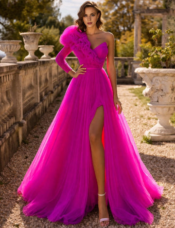 Vedress hot pink one shoulder floral tulle high slit floor length prom gown