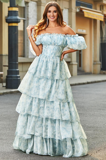 Elegant Pink Homcoming Gown Light Blue A-Line Off The Shoulder Tiered Corset Prom Dress With Puff Sleeves