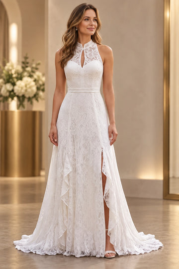 Elegant Floral Lace A-Line High-Neck Sleeveless Illusion-Back Floor-Length Wedding Dress