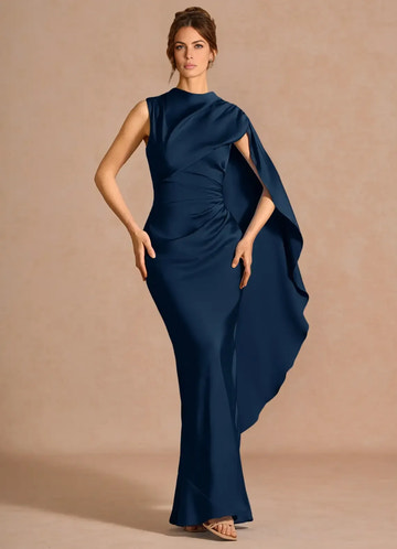 Luxury Mermaid Highneck Sleeveless Satin Maxi Cape Lace-up Formal Evening Dress