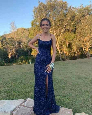 Navy Blue Sequin Mermaid Prom Dress with Lace-Up Open Back & Slit Homecoming Dress