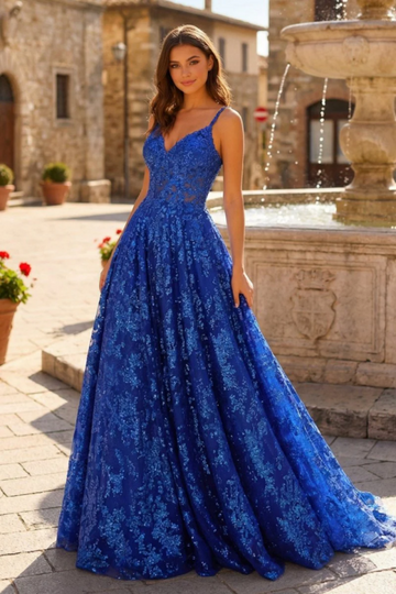 Lace Prom Dress Spaghetti Straps V Neck Criss Cross Back Evening Gown With Train