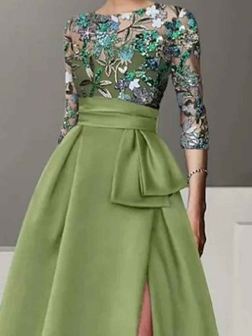 Embroidered Satin Evening Gown 3/4 Sleeve A-Line Formal Dress with Slit