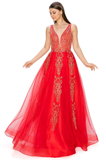 Tulle Wedding Guest Gown Sleeveless V-Neck Gold Embroidery A-Line Bridesmaid & Reception Dress