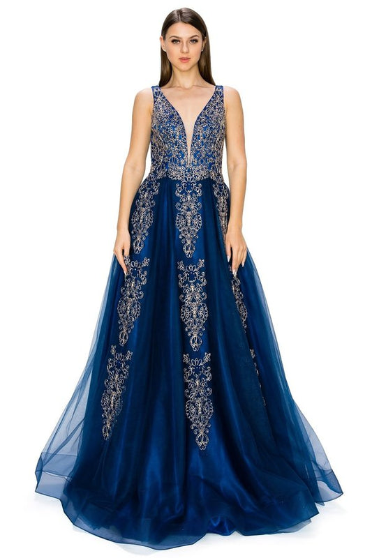 Navy Blue Tulle A-Line Gown Sleeveless V-Neck Gold Embroidery Formal Prom & Wedding Guest Dress