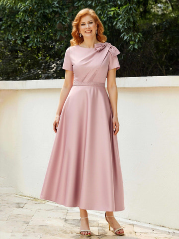 Blush Pink A-Line Midi Dress with Bow & Beaded Detail – Formal Mother of the Bride Gown